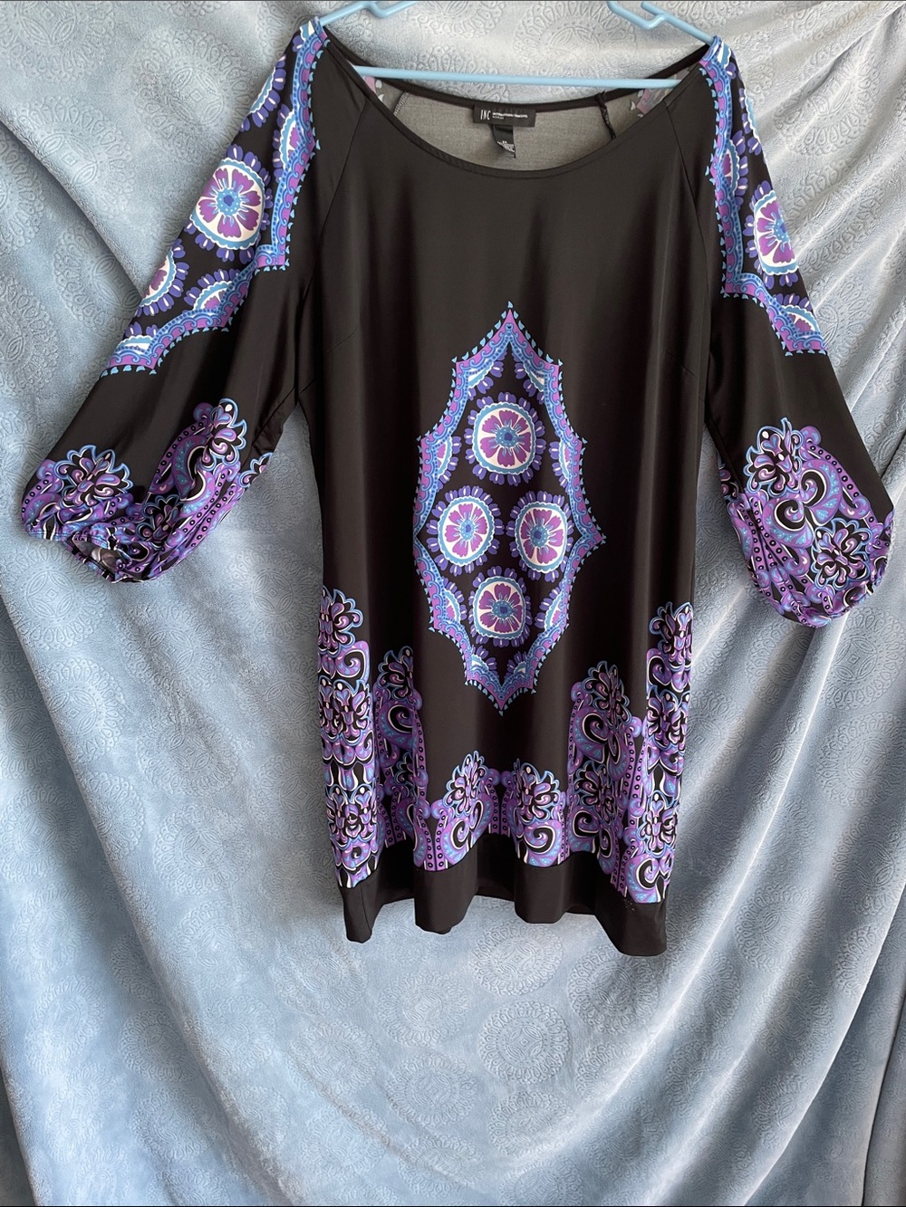INC International Concepts Black Tunic with Purple Medallion Print
